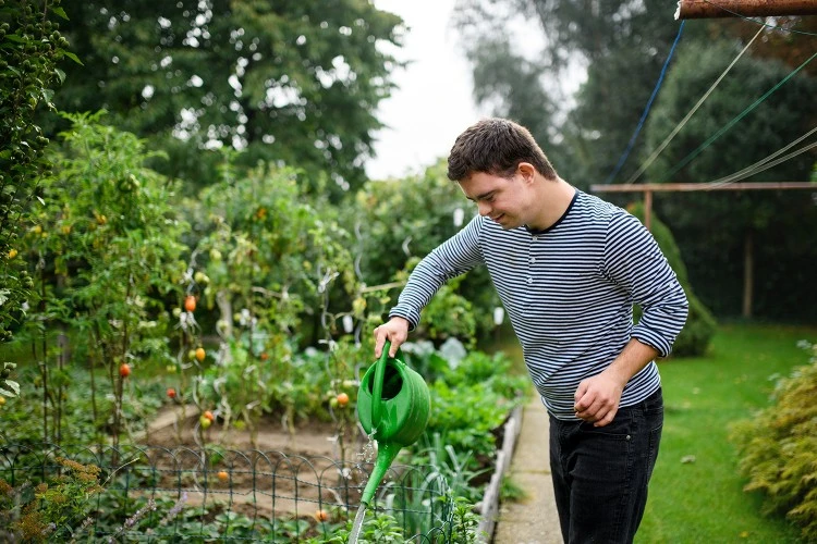 Happy disabled man with down syndrome watering vegetable garden